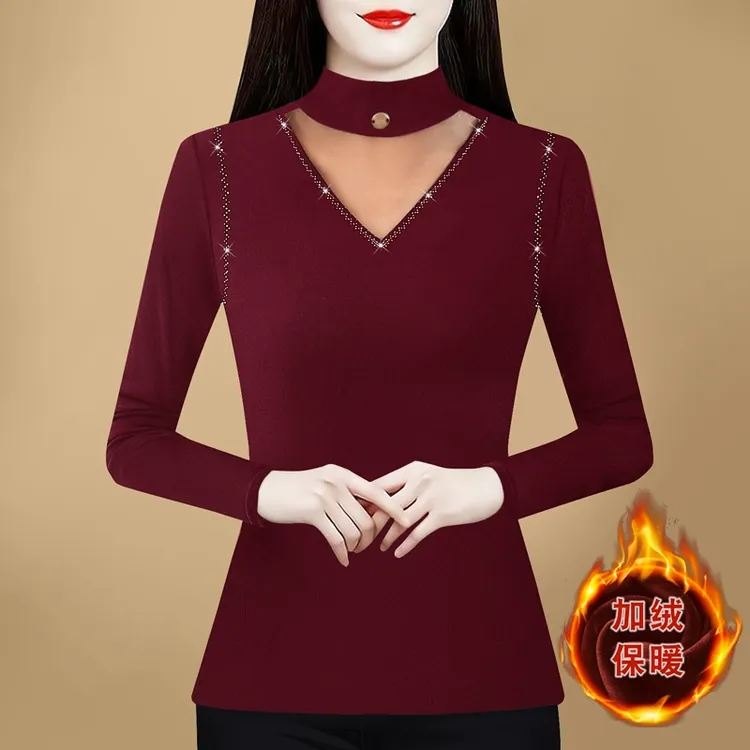 安可拉红半高领加绒加厚打底衫女内搭可外穿修身显瘦保暖打底衫女