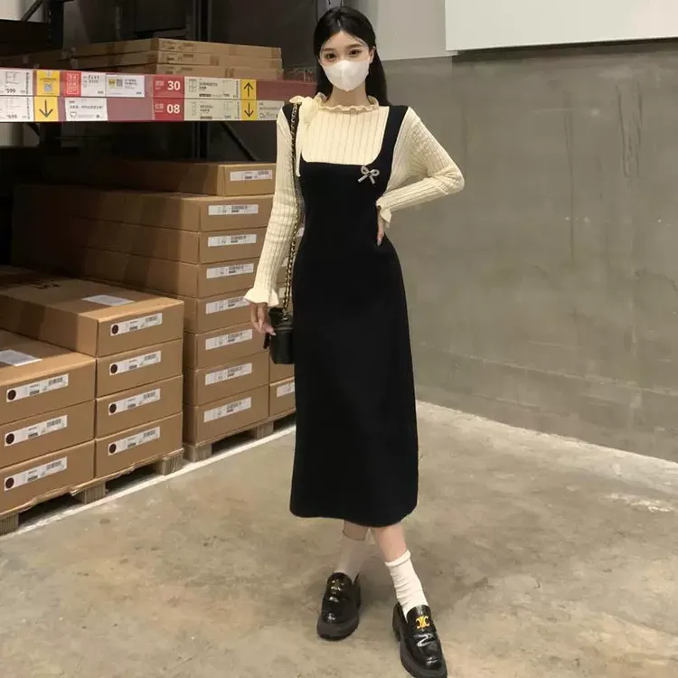 大码胖设计感假两件法式复古针织气质时尚连衣裙打底裙子女秋季
