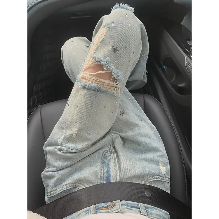 美式重工烫钻星星破洞牛仔裤女夏季高腰弹力做旧直筒显瘦阔腿裤子