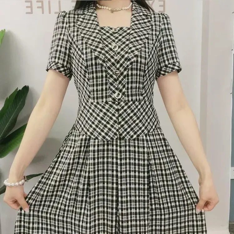 假两件短袖格子连衣裙2024夏季新款时尚收腰减龄修身显瘦气质裙子