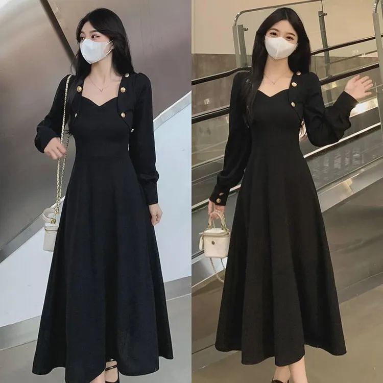 大码女装2024春秋新款胖mm遮肚显瘦气质赫本风收腰打底针织连衣裙