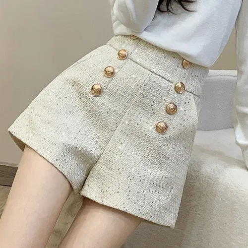 网红爆款短裤秋冬a字阔腿排扣高腰显瘦显高小香风毛呢亮丝靴裤女