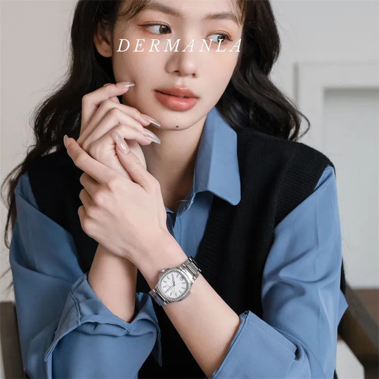 重工鹦鹉螺 简约镶钻polly vincent钢带手表女冷淡夜光指针高级感