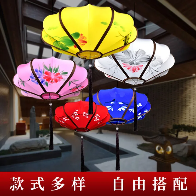 新款中式飞碟布艺吊灯手绘国画酒店茶楼定制开业古工艺红灯笼