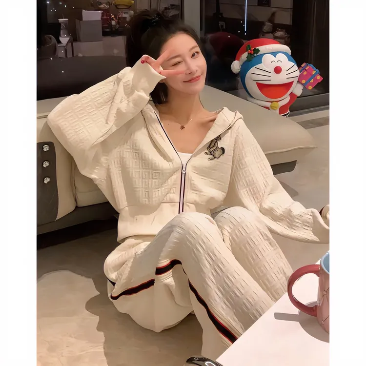 2025早春新款休闲运动套装慵懒风宽松时尚显瘦阔腿裤连帽两件套女