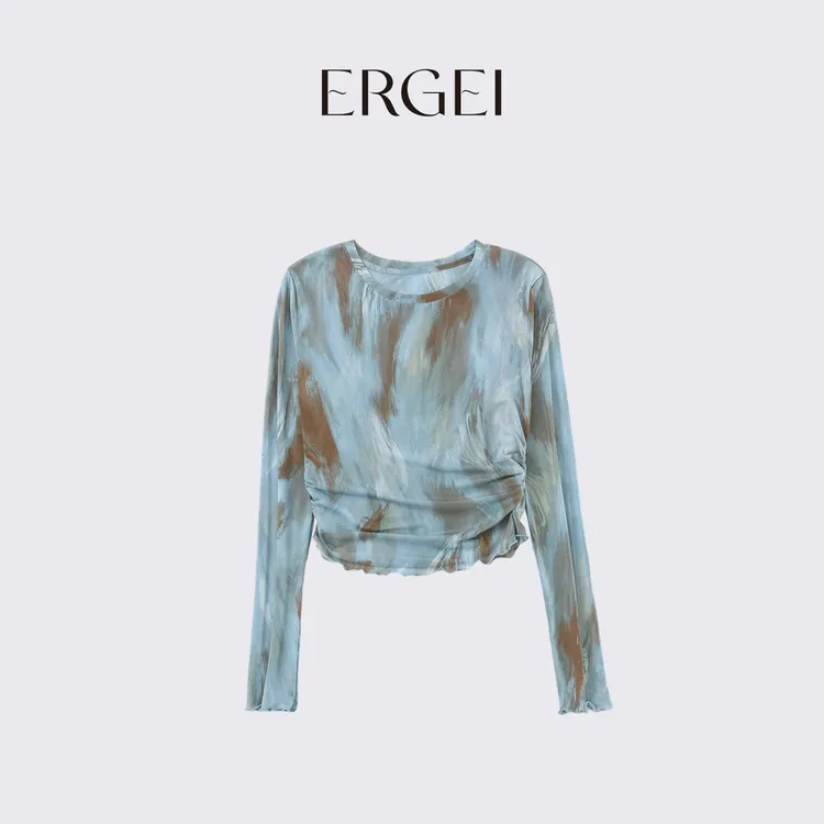 【油画蓝】打底衫长袖短款时尚印花设计师圆领扎染气质蓝色上衣女