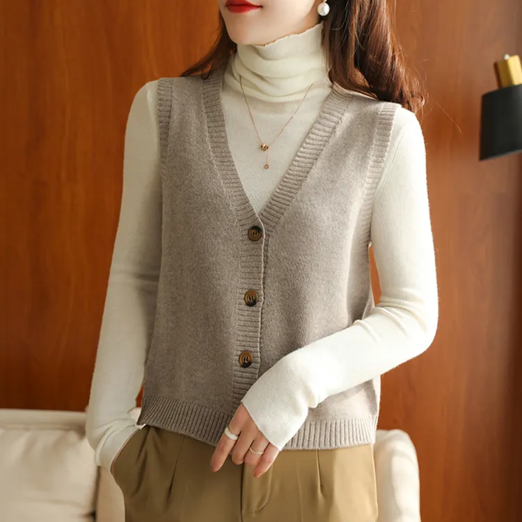 100%纯羊毛马甲女春秋百搭开衫短款外穿无袖毛衣坎肩宽松针织背心