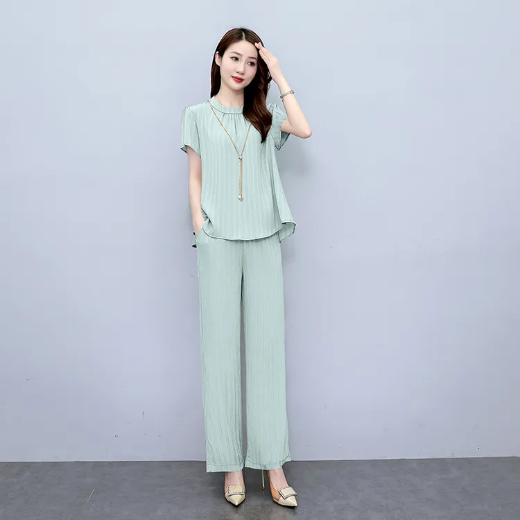 杭州真丝职业套装2024新款夏季短袖气质时尚宽松减龄桑蚕丝两件套
