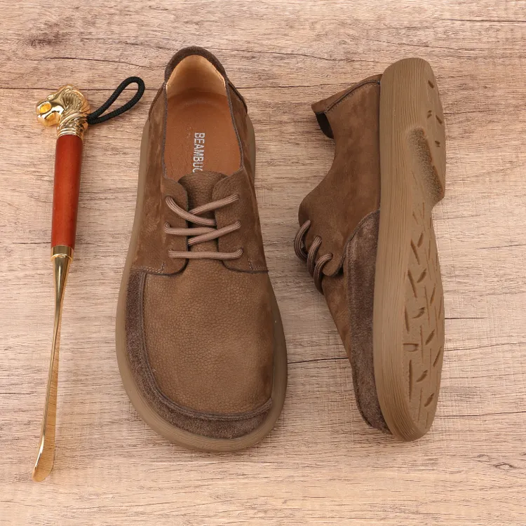 春季新款男士英伦风棕色真皮休闲皮鞋复古百搭软底舒适透气低帮鞋