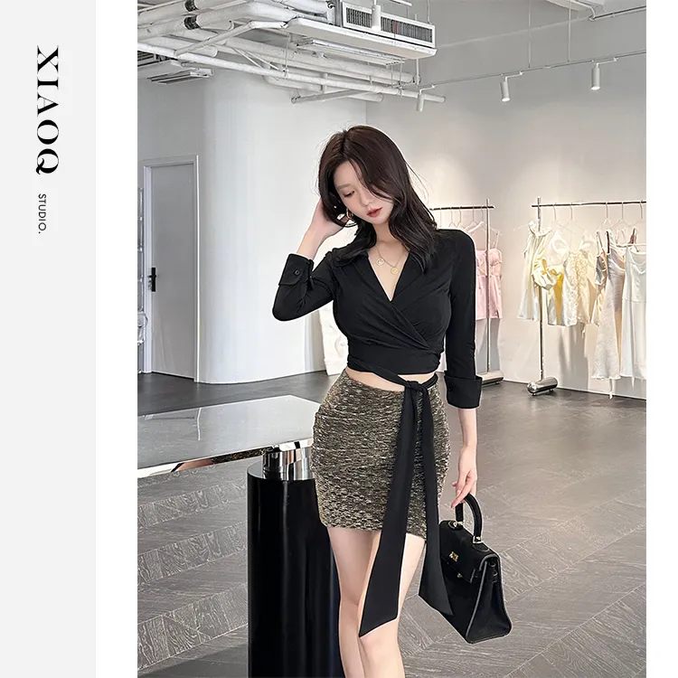 【小Q家】93633时尚气质捏褶包臀半身裙T