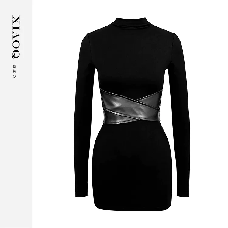 【小Q家】98057时尚设计感辣妹风收腰交叉绑带腰封连衣裙T