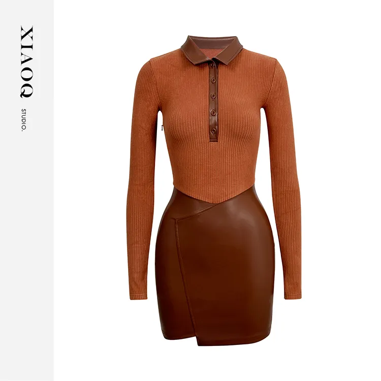 XIAOQ「富饶小麦穗」复古针织皮料不对称拼接包臀裙简约风格88845T