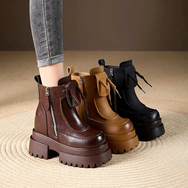 增高12cm黑色马丁靴女2024秋冬新款厚底侧拉链粗跟增高短靴