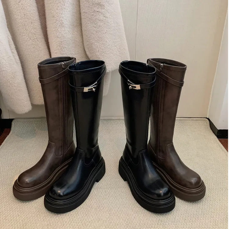 【sheii苏茵茵】高端系列~锁扣侧拉链加绒长靴女骑士靴E4425305