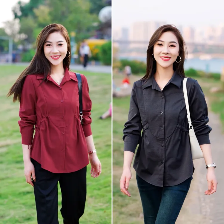 春秋新款大码衬衫宽松显瘦遮肉遮肚子减龄衬衣女休闲时尚百搭收腰