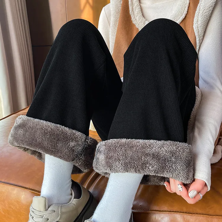 羊羔绒加厚阔腿裤秋冬季高腰加绒保暖裤宽松九分小个子休闲直筒裤