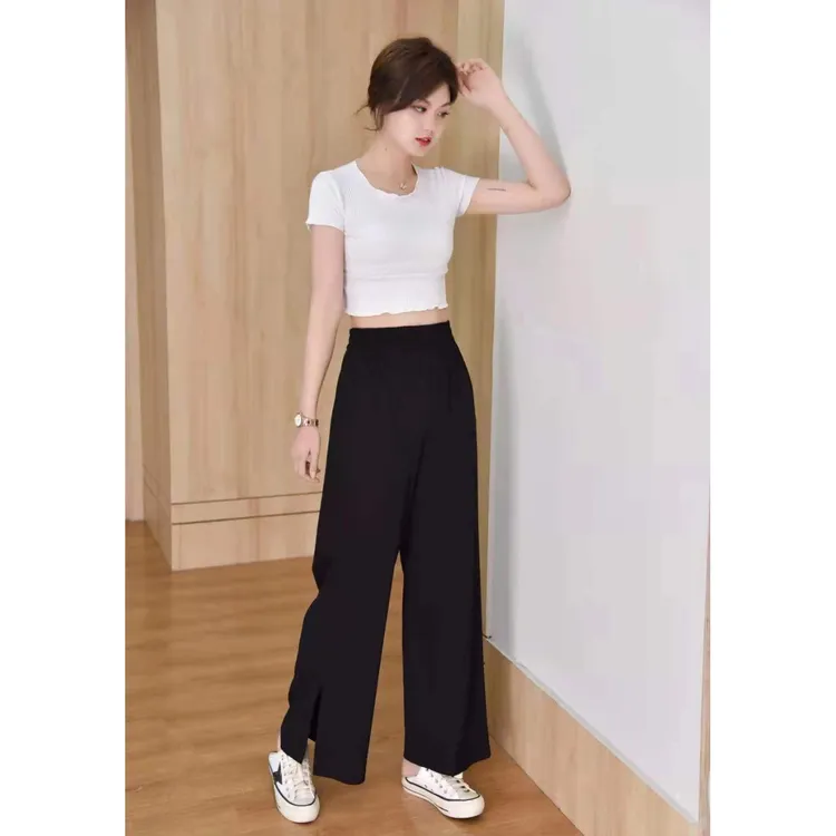 冰丝裤开衩阔腿裤小个子高腰时尚宽松显瘦休闲拖地裤子女垂感