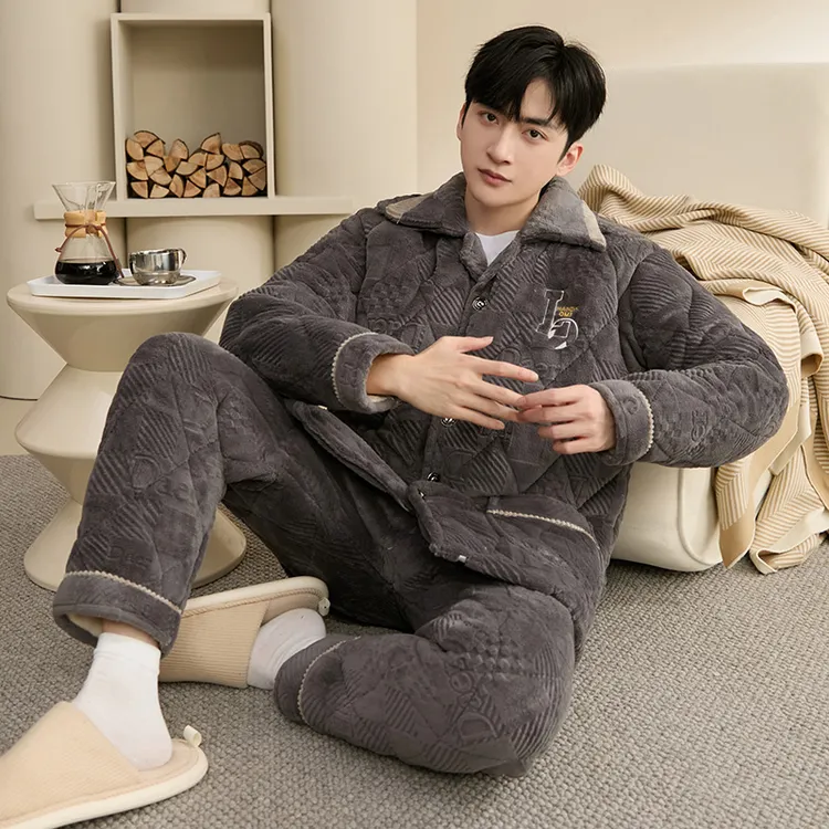 睡衣男士冬季加绒加厚三层夹棉秋冬天牛奶绒家居服珊瑚绒棉袄套装