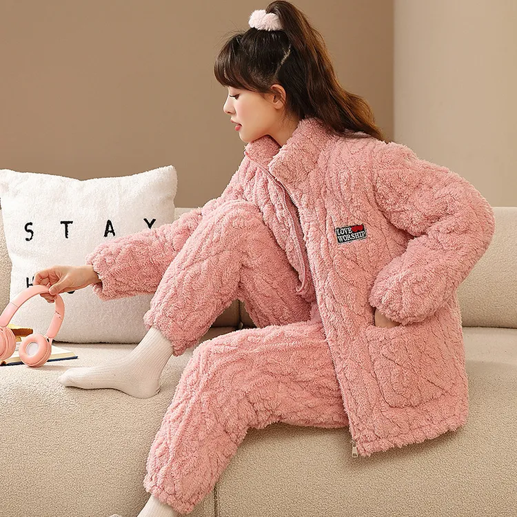 冬季珊瑚绒三层夹棉睡衣女加厚保暖加绒套装拉链法兰绒甜美家居服