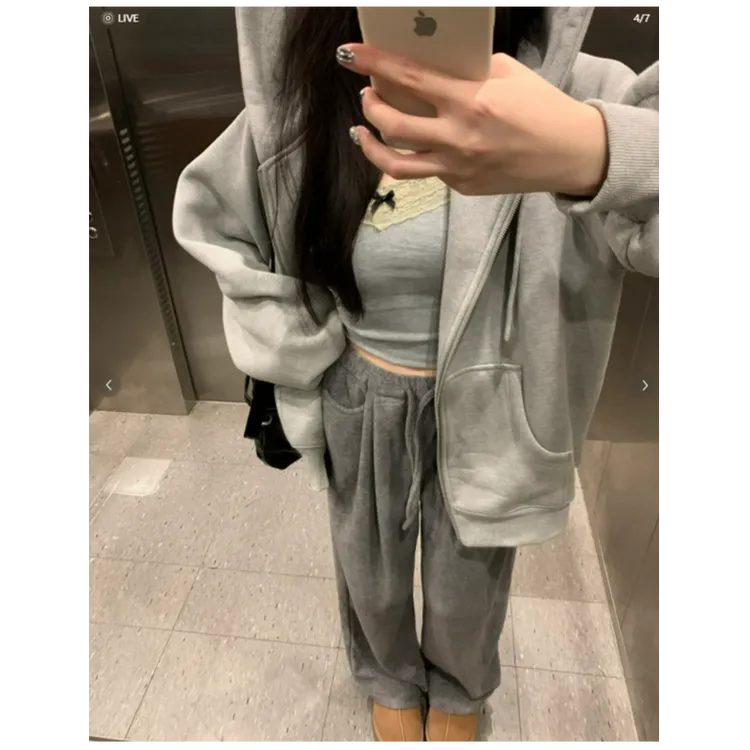 铁灰色连帽卫衣外套女春秋款百搭宽松上衣慵懒风通勤入秋韩系穿搭