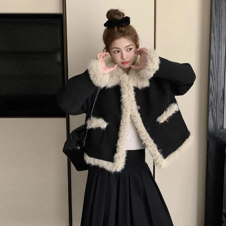 2024冬新款小香风羊羔毛外套女黑色灯芯绒环保皮草小个子毛绒上衣