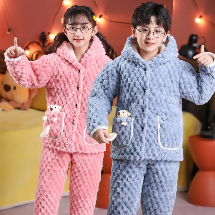 儿童睡衣冬季珊瑚绒加厚男孩秋冬款法兰绒男童冬款夹棉小孩家居服