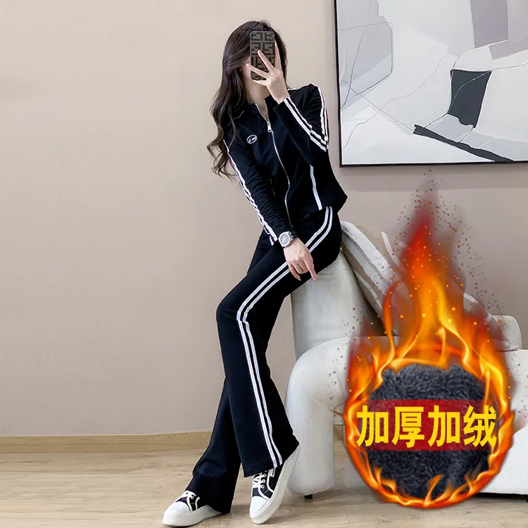 加绒卫衣套装女秋冬运动时尚休闲高腰微喇裤加厚保暖显瘦两件套