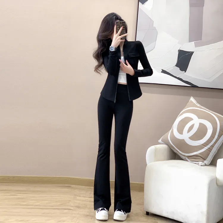 早春新款女装显瘦气质小立领休闲黑色长裤修身春秋休闲运动套装