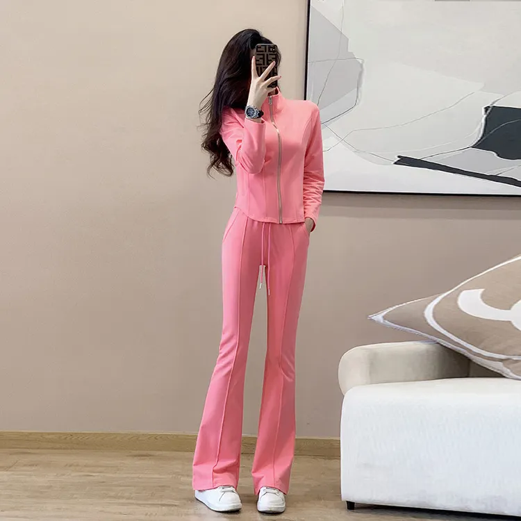 2025春季新款女装时尚洋气显瘦修身微喇长袖健身运运服休闲粉色