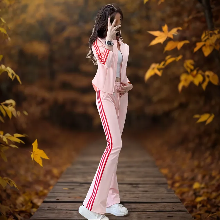 粉色运动服春秋健身长袖休闲时尚立领开衫外套高腰微喇叭裤两件套