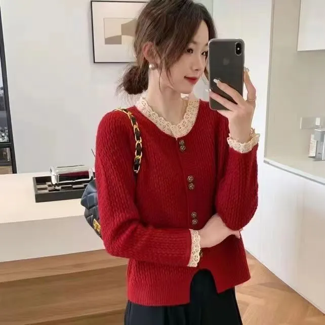 蕾丝圆领针织小开衫女秋季新款显瘦百搭学院风针织衫打底衫上衣女