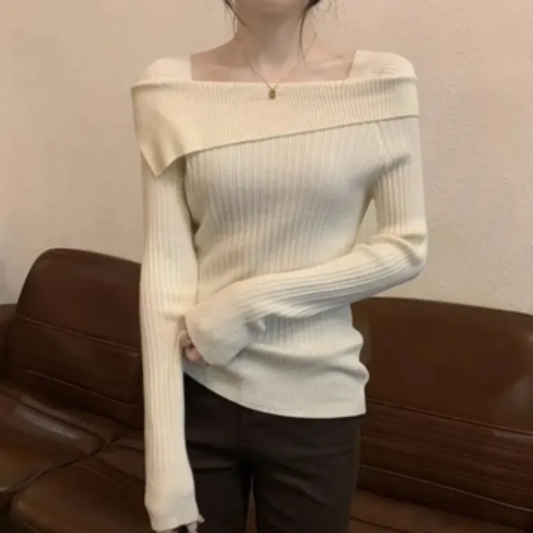 一字肩针织衫女2024秋冬新款打底内搭设计感高级感修身显瘦