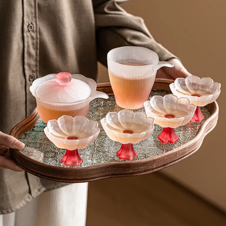 粉色玻璃功夫茶具套装女士家用耐热精致盖碗公杯茶杯2023新款