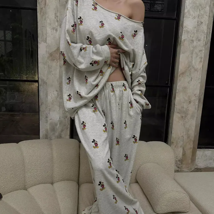 韩版设计感露肩米奇睡衣女春秋季新款大码纯棉长袖长裤家居服套装