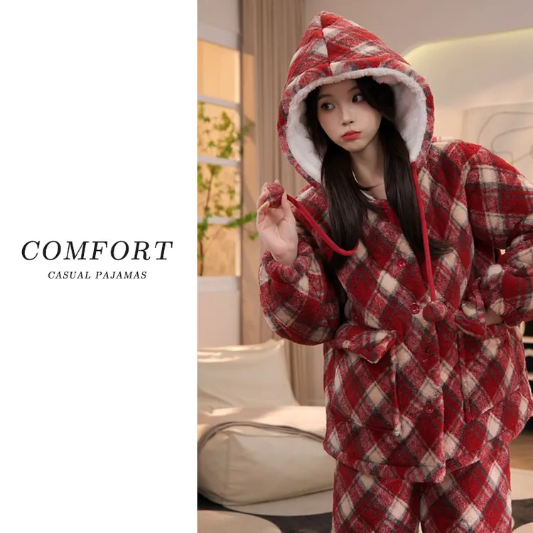 巨保暖【零下15°能穿】2025年冬季三层夹棉睡衣女士保暖家居服套装