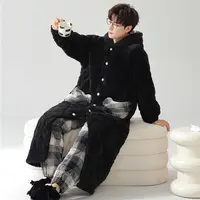 三层夹棉2024年秋冬季睡袍法兰绒加厚保暖套装男士家居服可外穿