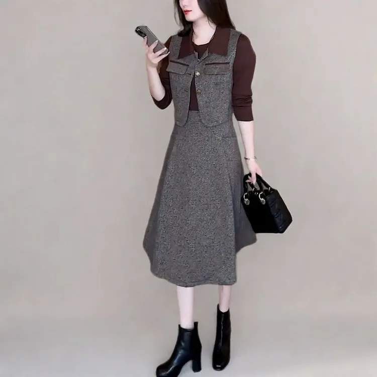 2026春季新款时尚洋气马甲外搭+拼接假两件长袖连衣裙两件套装女