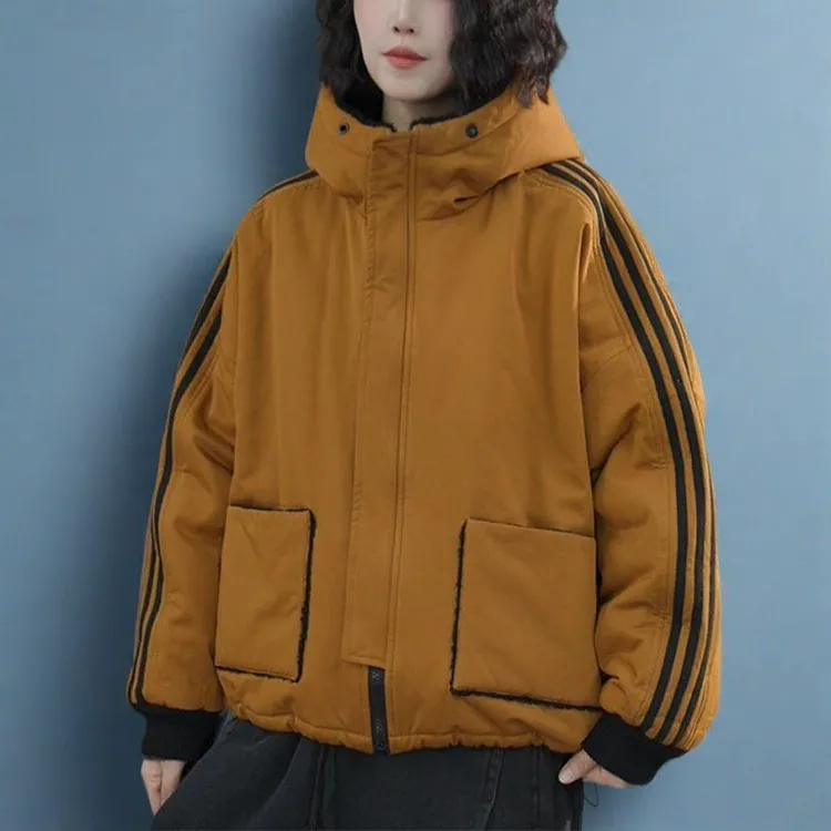 时尚休闲两面穿连帽棉服女2026秋冬新款简约宽松显瘦百搭棉衣外套