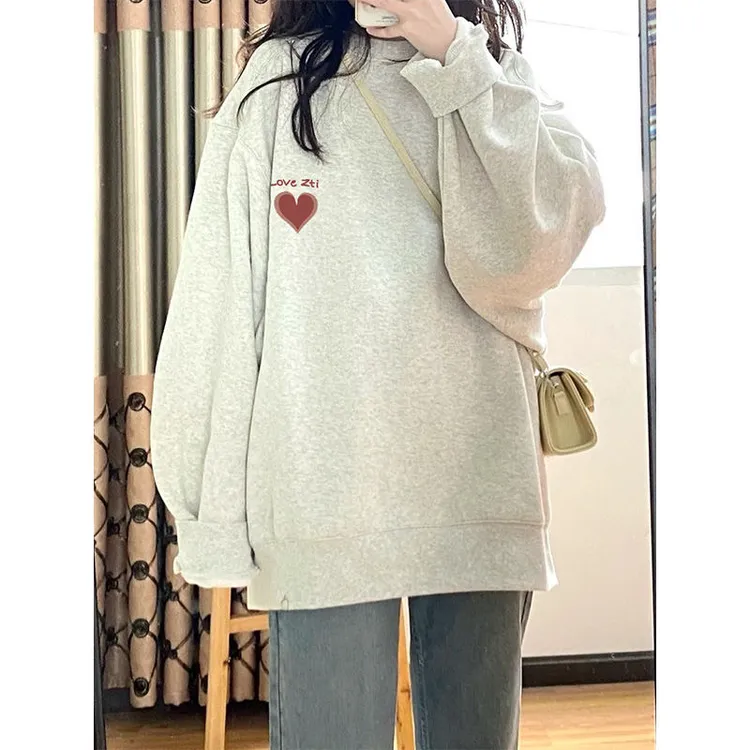 大码女装胖mm圆领加绒加厚卫衣宽松小众复古oversize长袖慵懒上衣