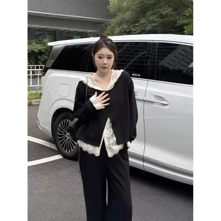 琪琪2024年秋季新款大码女装蕾丝三件套慵懒风时髦卫衣+蕾丝+裤子