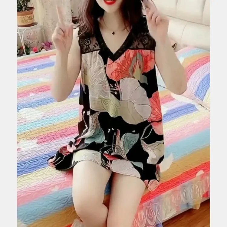 8838连衣裙-夏季时尚休闲显瘦气质宽松中长款v领棉绸睡裙（可外穿）