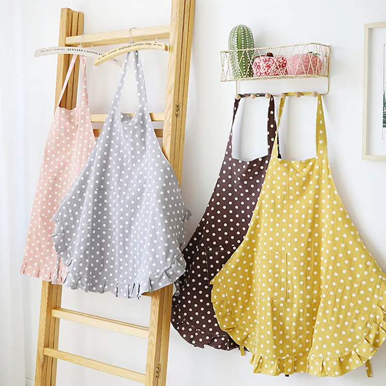 水洗棉波点围裙纯棉防水防油污无袖挂脖围裙家务清洁可爱小清新