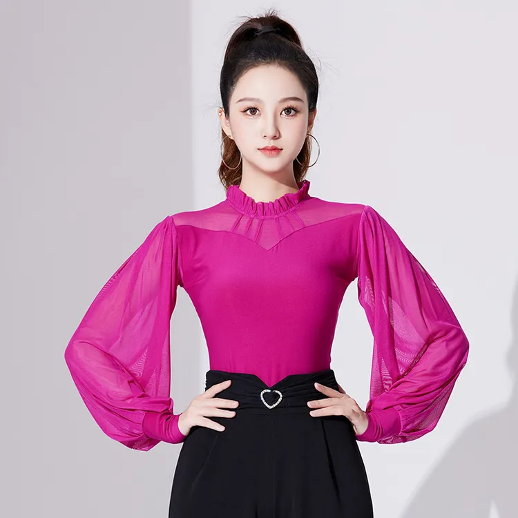 摩登舞服女新款上衣紫色高档弹力宽松显瘦华尔兹练功服国标舞上装