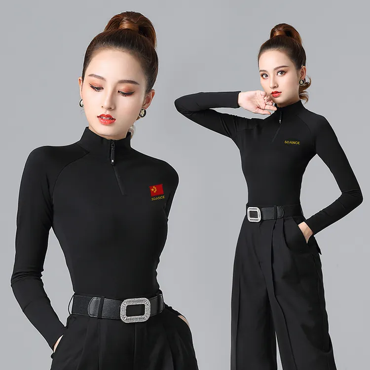 绚悦拉丁舞上衣女成年秋冬季长袖拉链小高领摩登舞蹈练功跳舞服