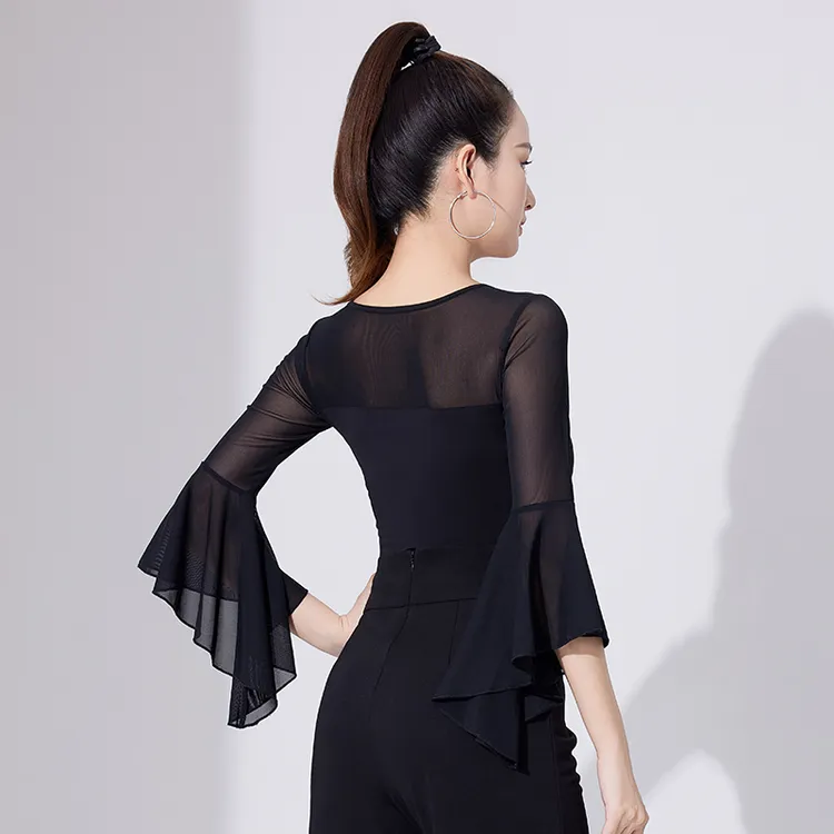 拉丁舞上衣女练功服装2025年新款国标摩登跳舞蹈连体网纱拼接中袖