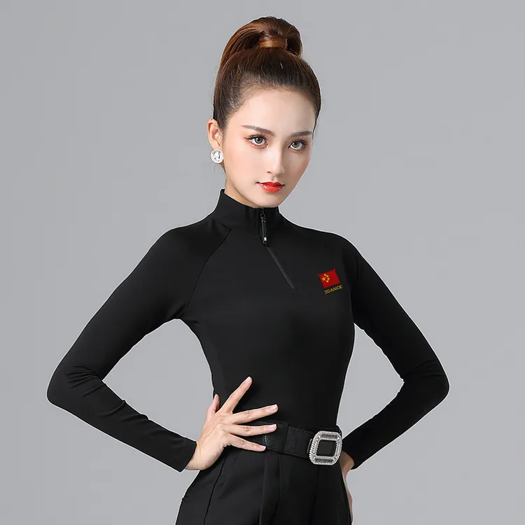 拉丁舞上衣女加绒跳舞新款国标舞蹈服装长袖高领秋冬季练功服团体