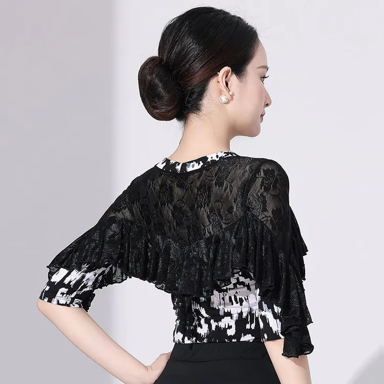 摩登舞上衣拉丁新款女蕾丝荷叶边吉特巴舞蹈服装高档国标练功舞衣