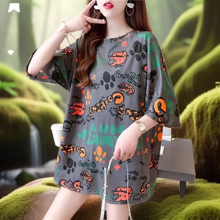 2024款大码T恤显瘦宽松中长款休闲百搭洋气半袖夏季圆领时尚外穿9