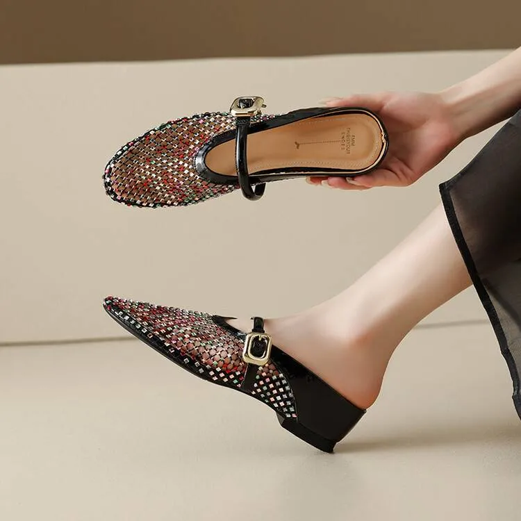 小羊皮时尚水钻网状镂空洞洞鞋内增高一字带玛丽珍包头凉拖女夏季