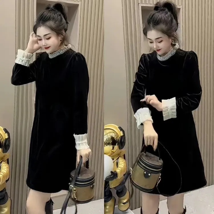 欧洲站早春女2025新款重工钉珠中长裙赫本风显瘦女人味时尚连衣裙